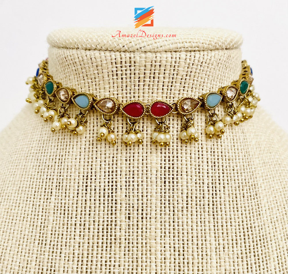 Multicoloured Polki Hanging Beads Single Line Choker/Necklace