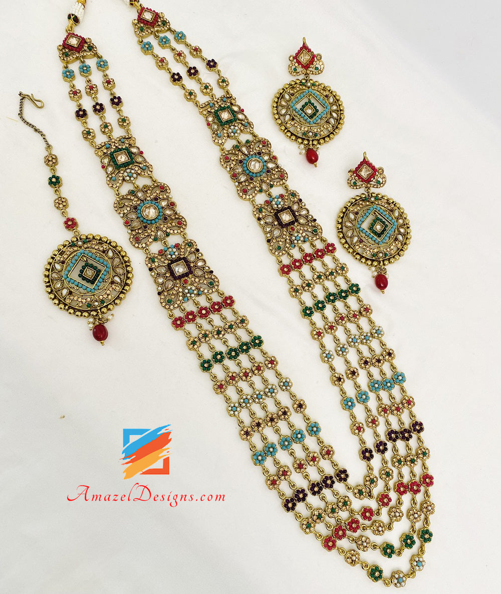 Mehrfarbiges Rani Haar Ohrringe Tikka Set