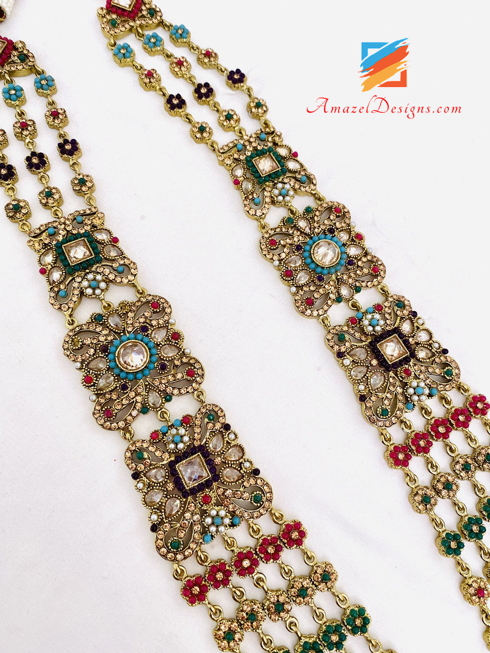 Mehrfarbiges Rani Haar Ohrringe Tikka Set