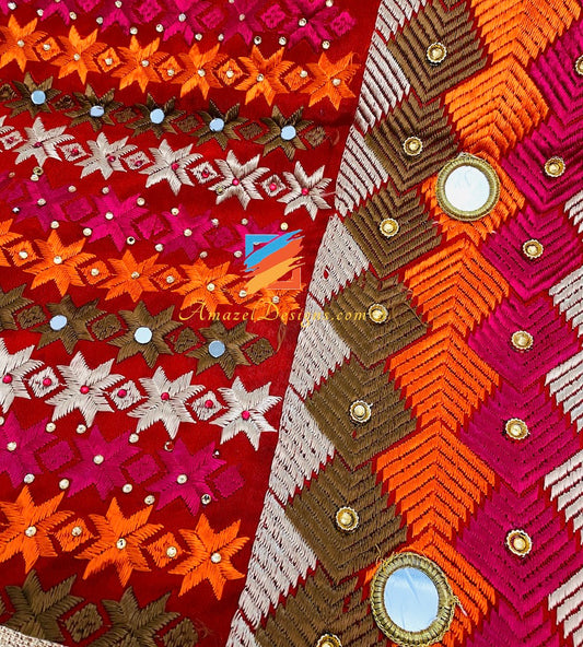 Multicoloured Sheesha Kundan Phulkari with Border and Ghungroo