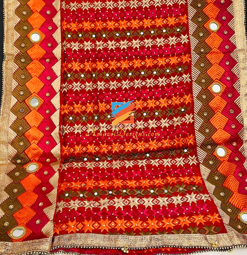 Multicoloured Sheesha Kundan Phulkari with Border and Ghungroo