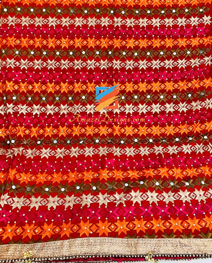Multicoloured Sheesha Kundan Phulkari with Border and Ghungroo