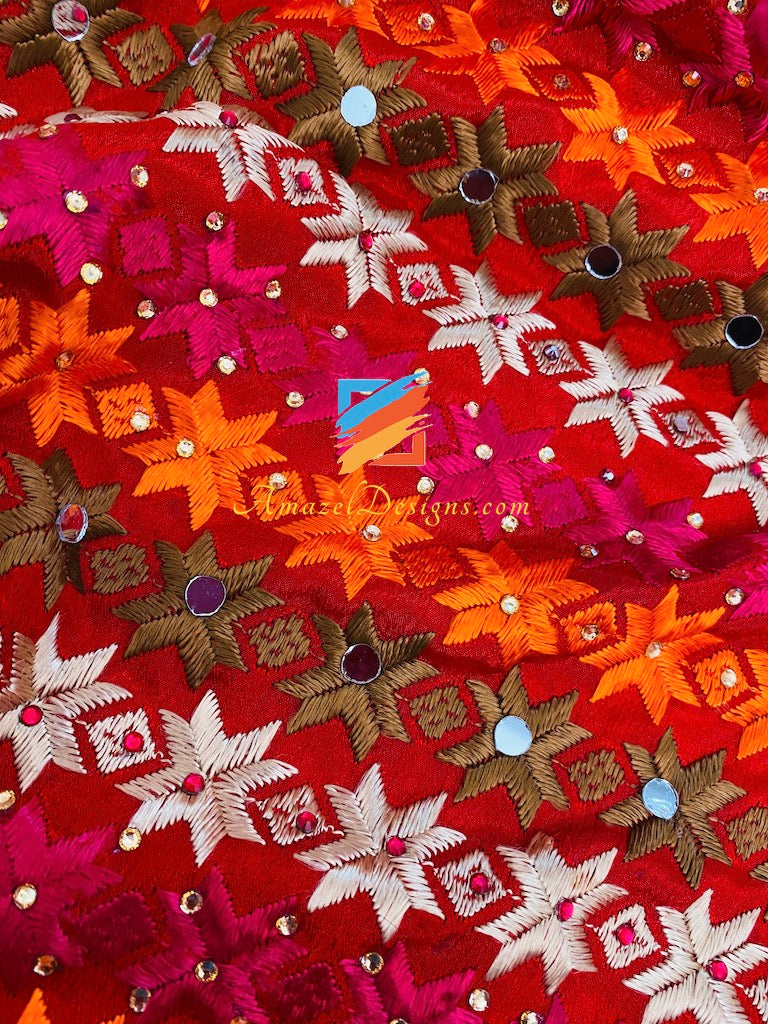 Multicoloured Sheesha Kundan Phulkari with Border and Ghungroo