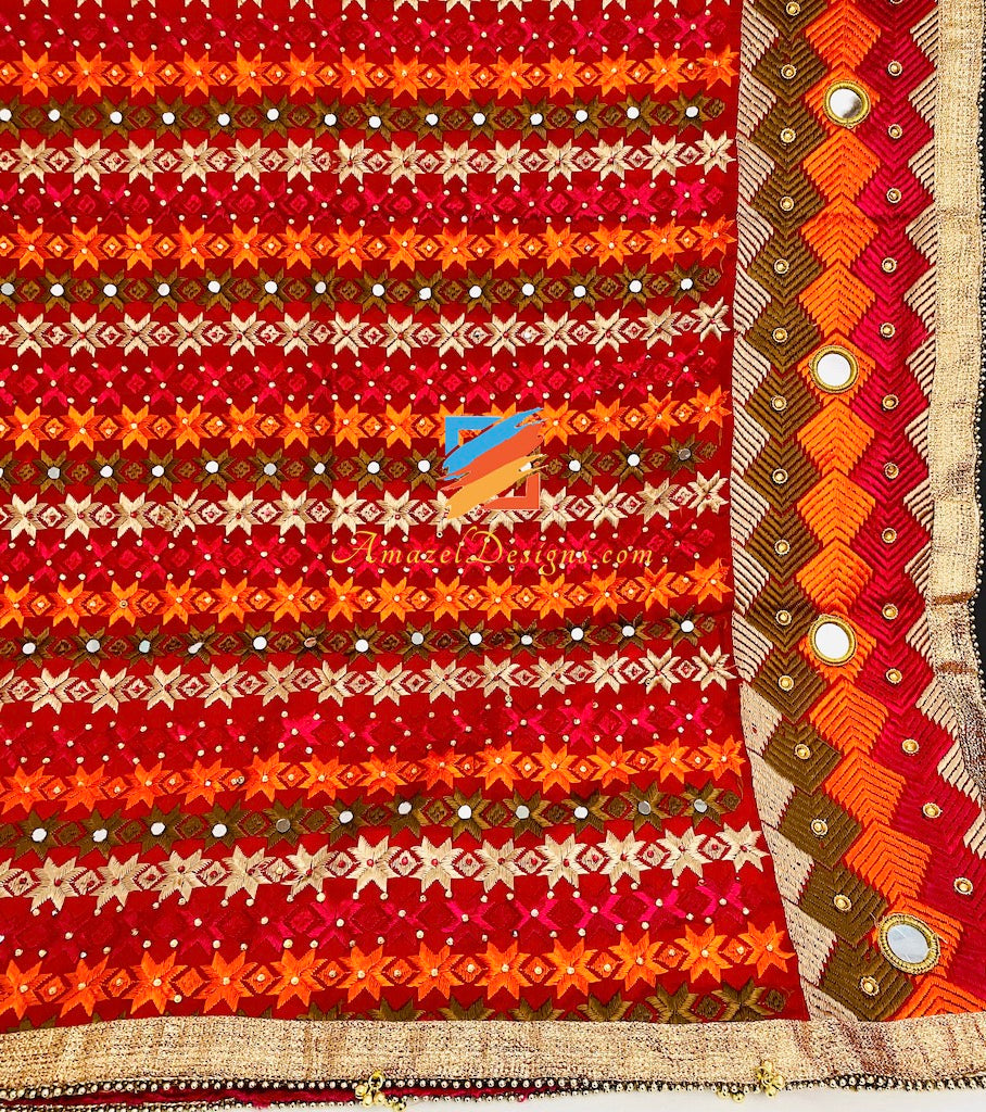 Multicoloured Sheesha Kundan Phulkari with Border and Ghungroo