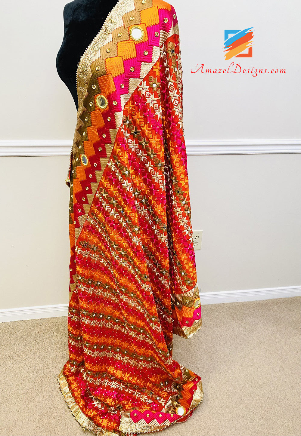 Multicoloured Sheesha Kundan Phulkari with Border and Ghungroo