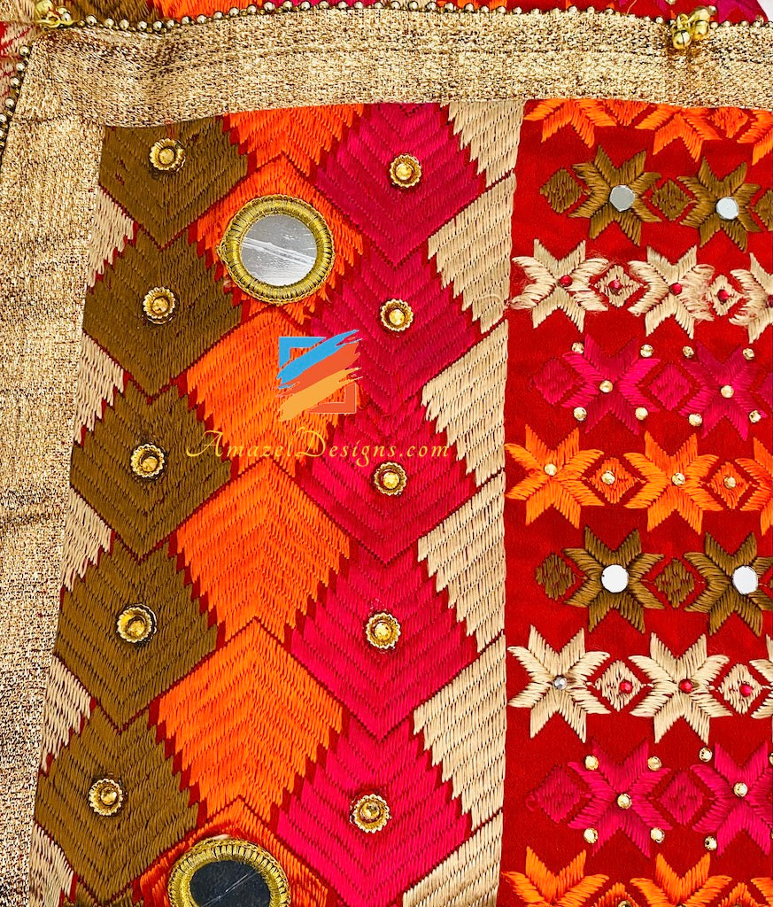 Multicoloured Sheesha Kundan Phulkari with Border and Ghungroo