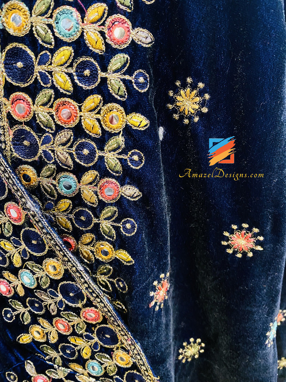 Multicoloured Thread Mirror Tilla Work Blue Velvet Shawl