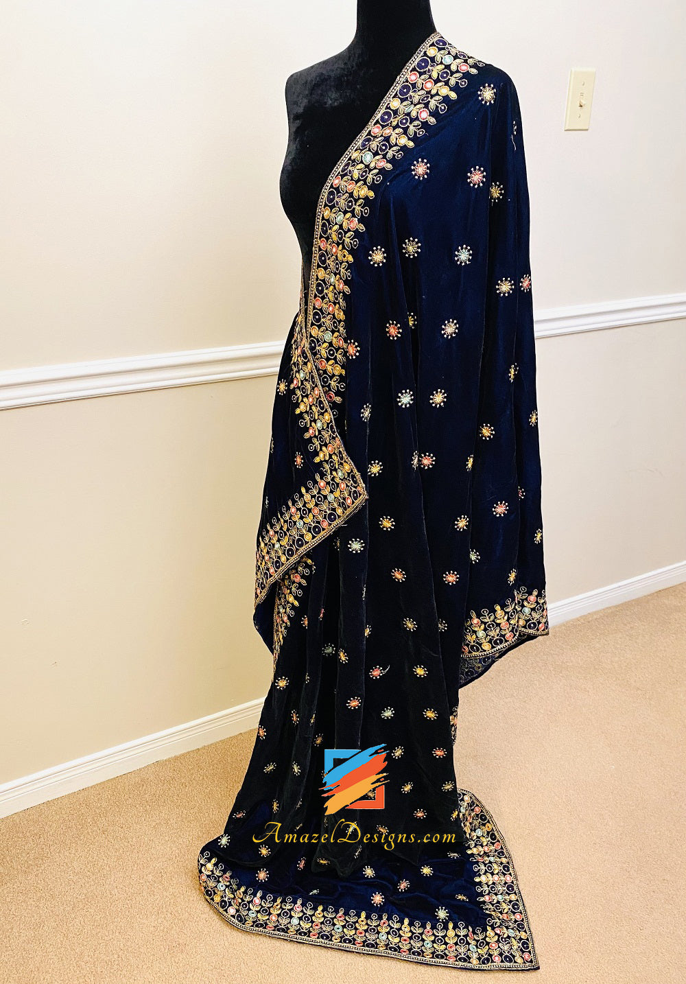 Multicoloured Thread Mirror Tilla Work Blue Velvet Shawl