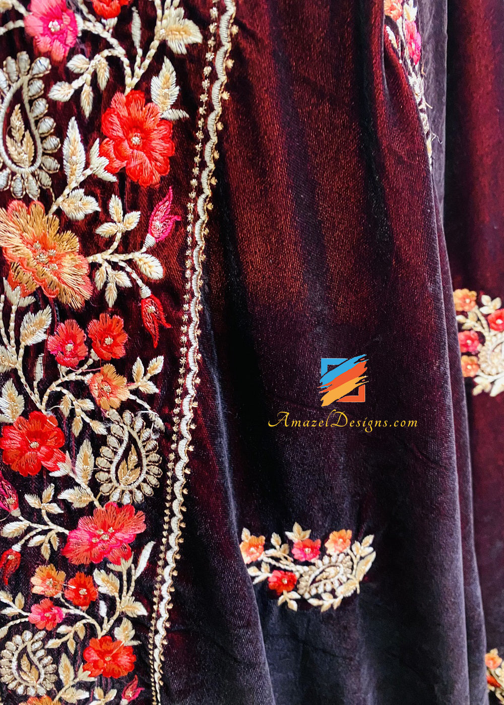 Multicoloured Thread Work Maroon Velvet Shawl
