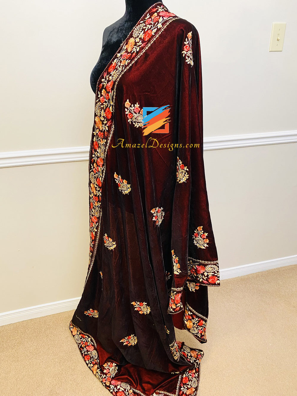 Multicoloured Thread Work Maroon Velvet Shawl