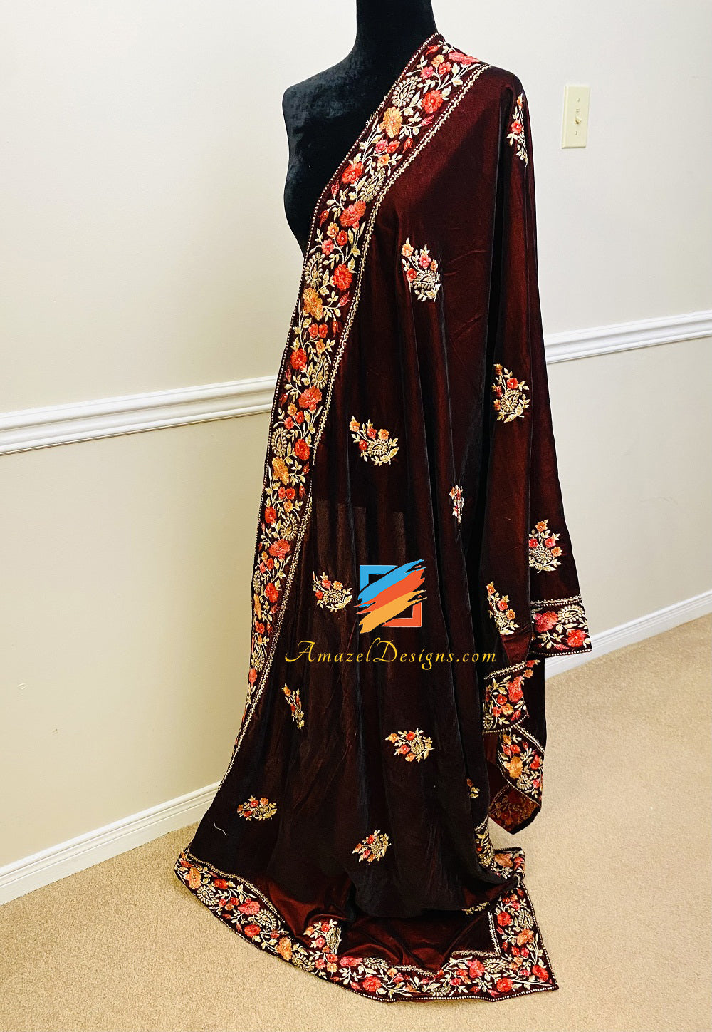 Multicoloured Thread Work Maroon Velvet Shawl