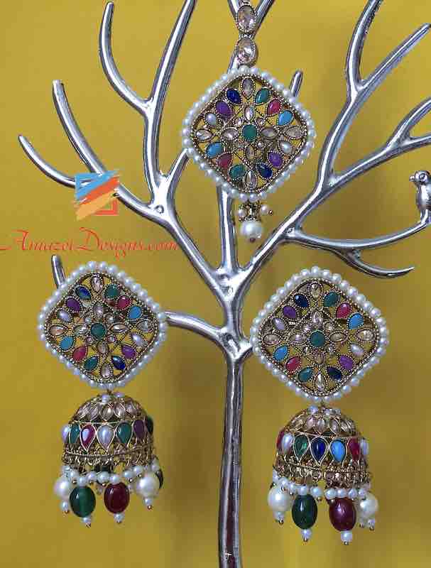 Multicoloured Emerald Ruby Jhumka Earring Tikka Set