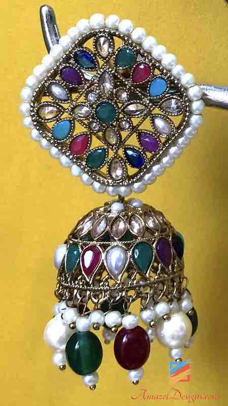 Multicoloured Emerald Ruby Jhumka Earring Tikka Set