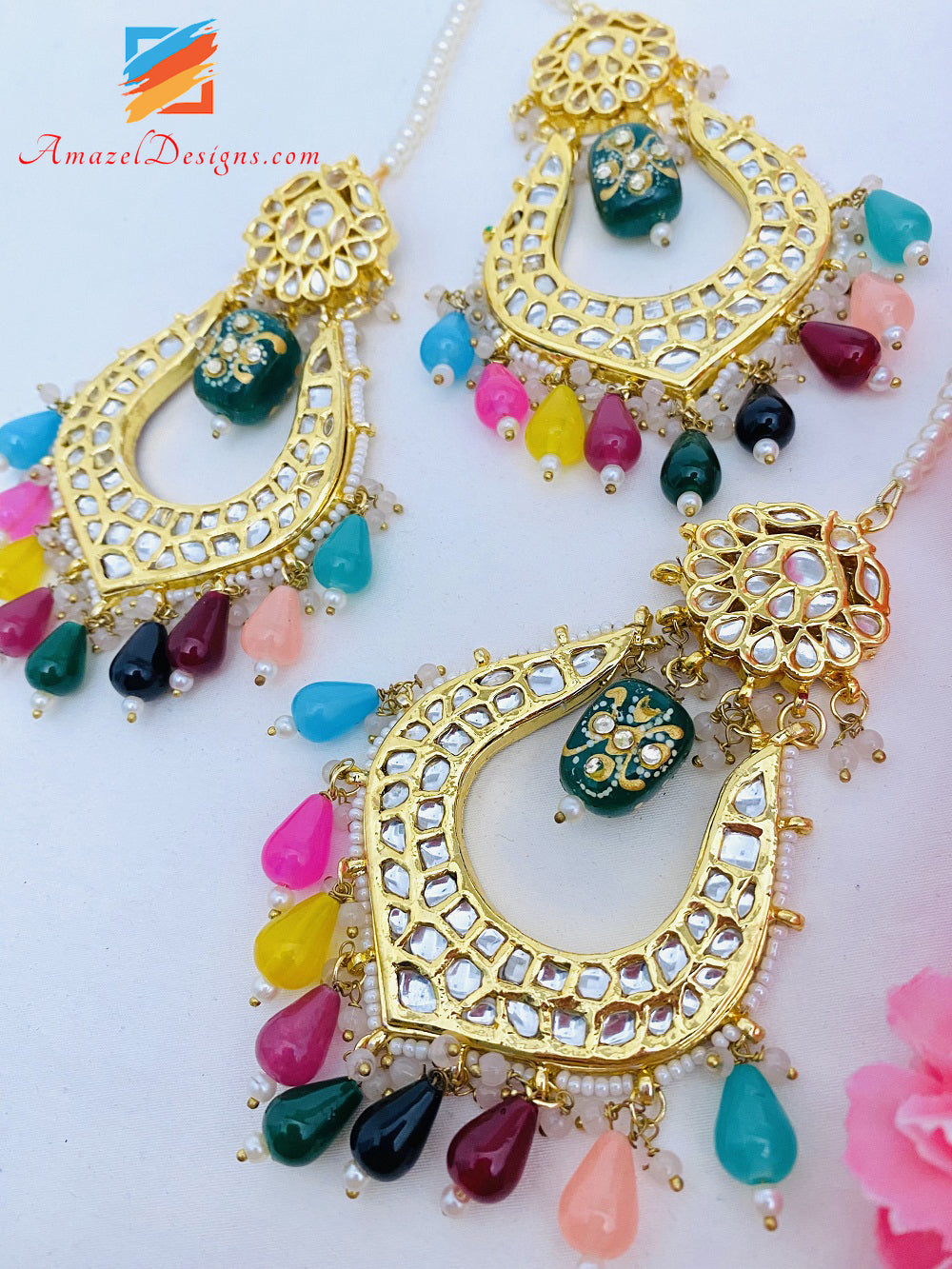 Multicoloured Meenakari Bead Kundan Earrings Tikka Set