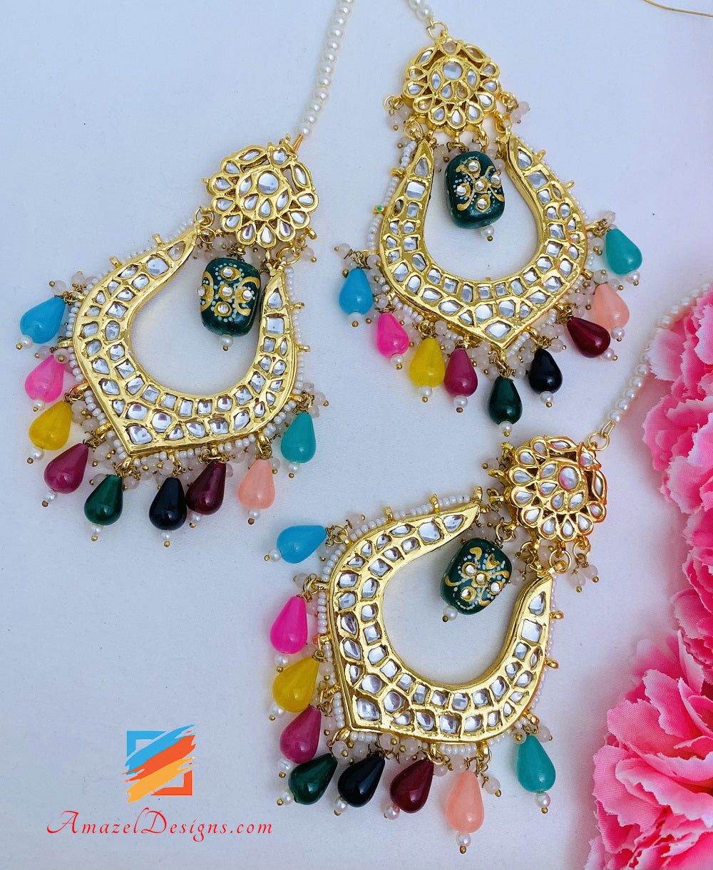 Multicoloured Meenakari Bead Kundan Earrings Tikka Set