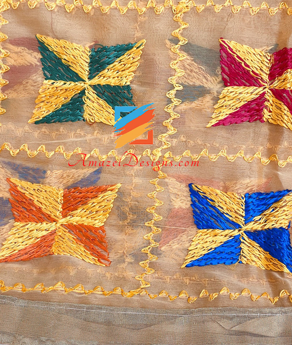 Mustard Yellowish Phulkari Golden Tissue Gotta