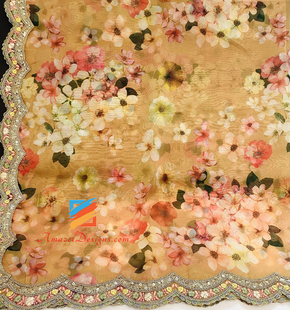 Duppatta super leggero stampato in organza senape con intaglio su 4 lati