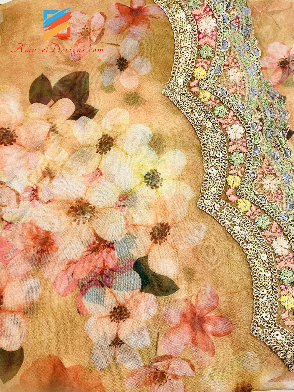 Duppatta super leggero stampato in organza senape con intaglio su 4 lati