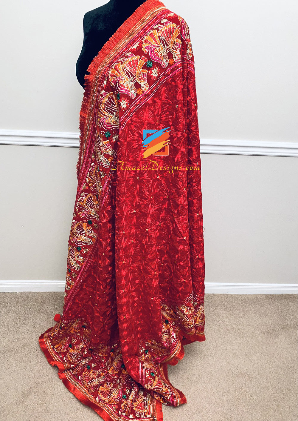 Mutyara Velvet Fulkari Red Four Side Heavy Work with Latkan