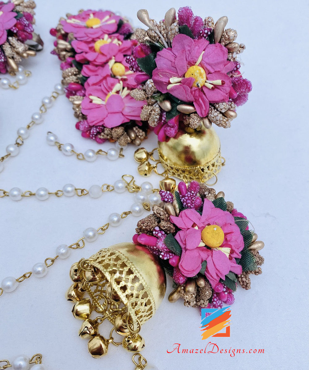Halskette Jhumka Ohrringe Handstücke Tikka Hot Pink Magenta Blumenset