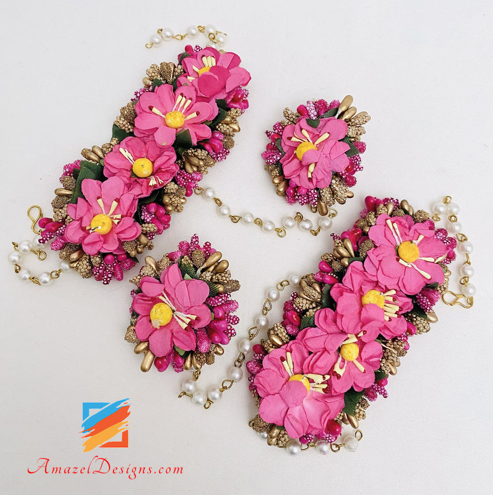 Halskette Jhumka Ohrringe Handstücke Tikka Hot Pink Magenta Blumenset