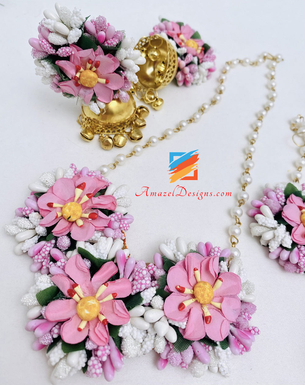 Necklace Jhumka Earrings Hand Pieces Tikka Pink Flower Set