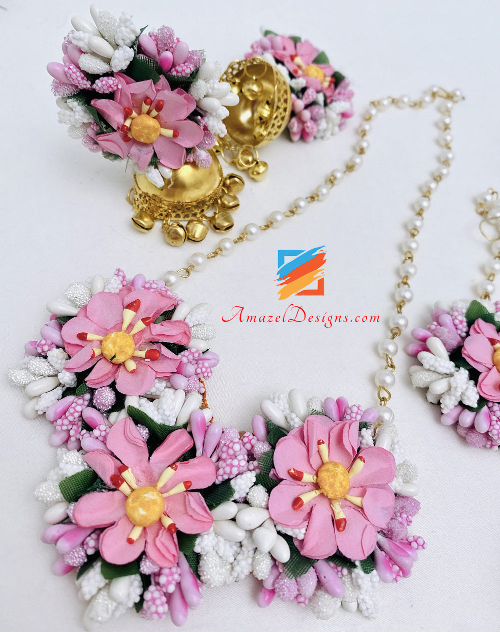 Halskette Jhumka Ohrringe Handstücke Tikka Rosa Blumen Set