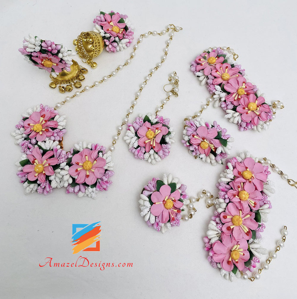 Halskette Jhumka Ohrringe Handstücke Tikka Rosa Blumen Set