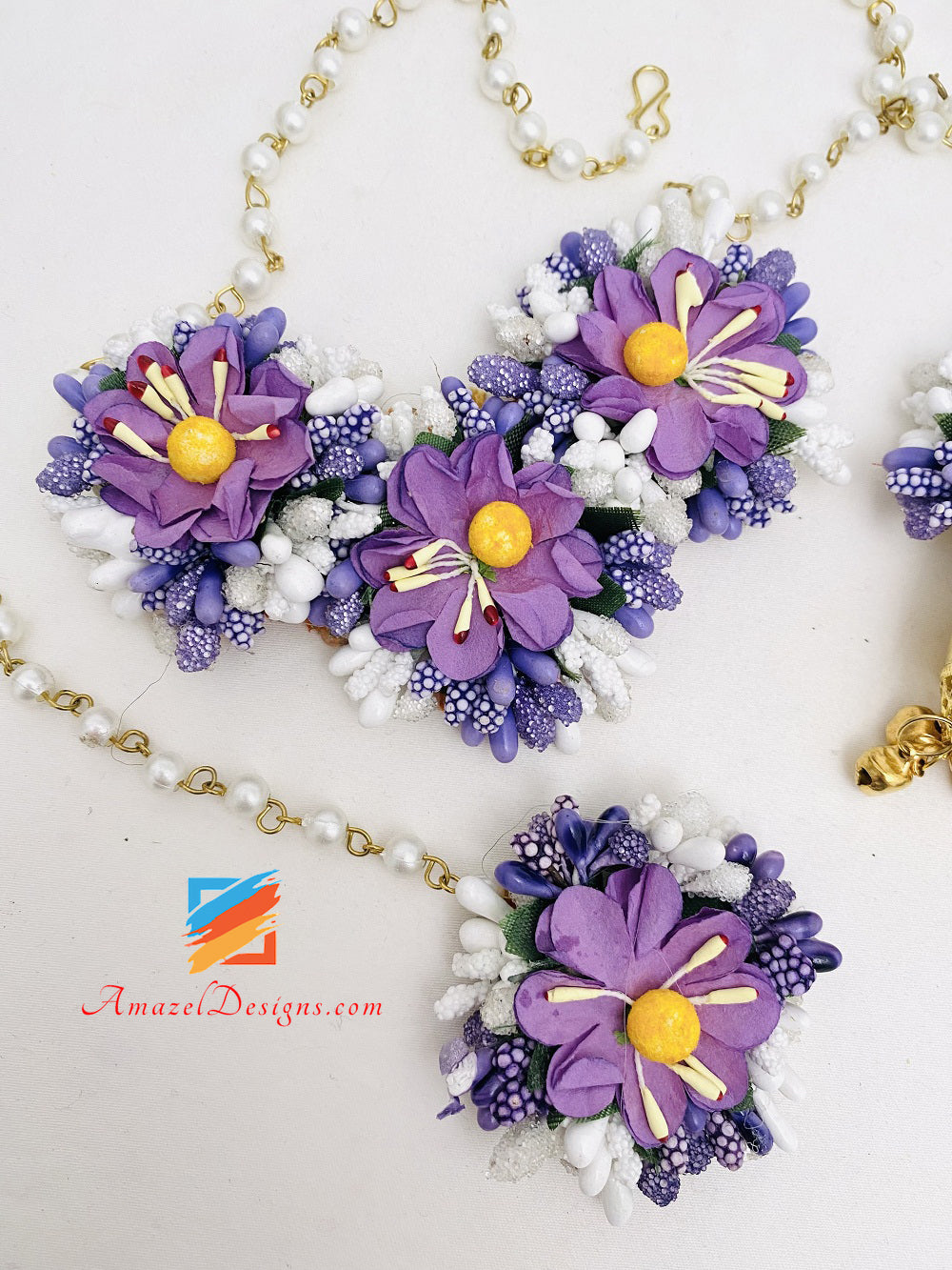 Necklace Jhumka Earrings Hand Pieces Tikka Purple Flower Set