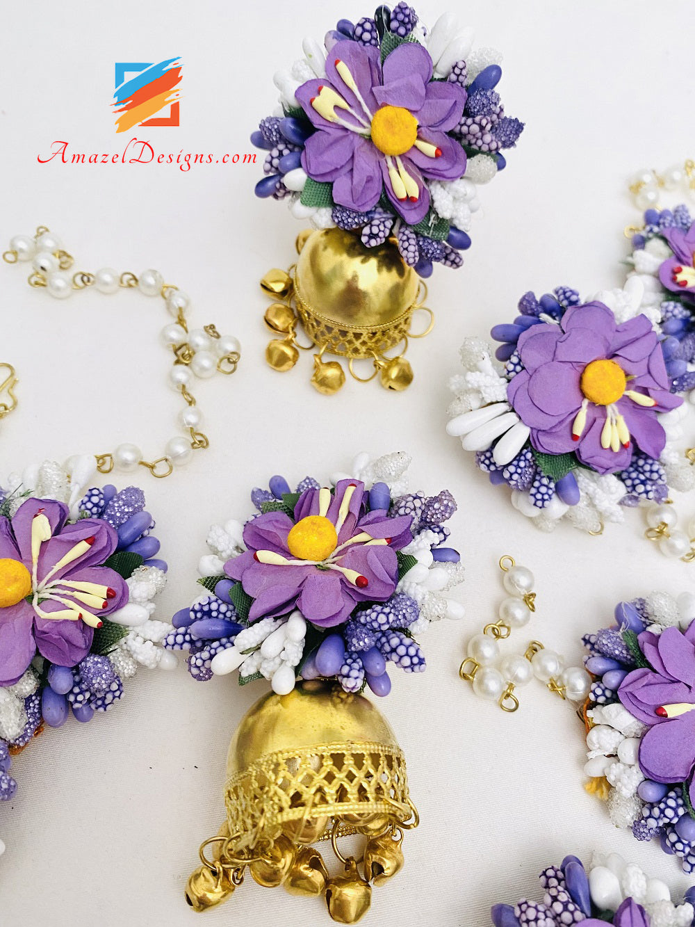 Necklace Jhumka Earrings Hand Pieces Tikka Purple Flower Set