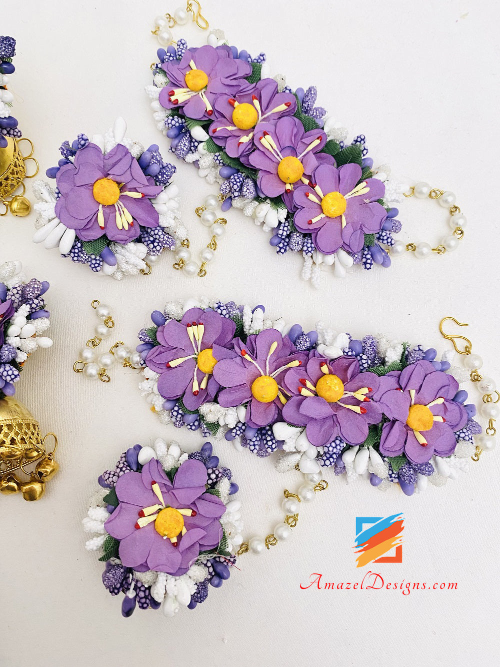 Necklace Jhumka Earrings Hand Pieces Tikka Purple Flower Set