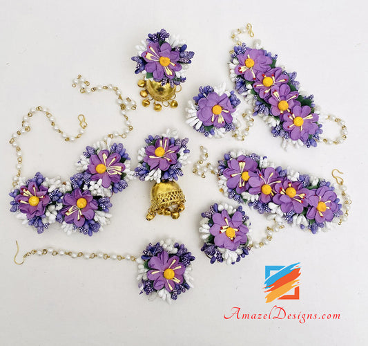 Necklace Jhumka Earrings Hand Pieces Tikka Purple Flower Set