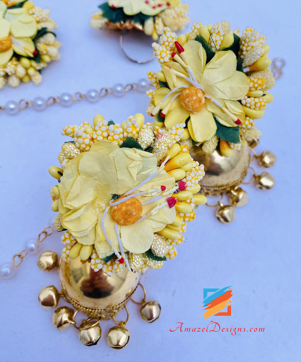 Necklace Jhumka Earrings Hand Pieces Tikka Yellow Flower Set