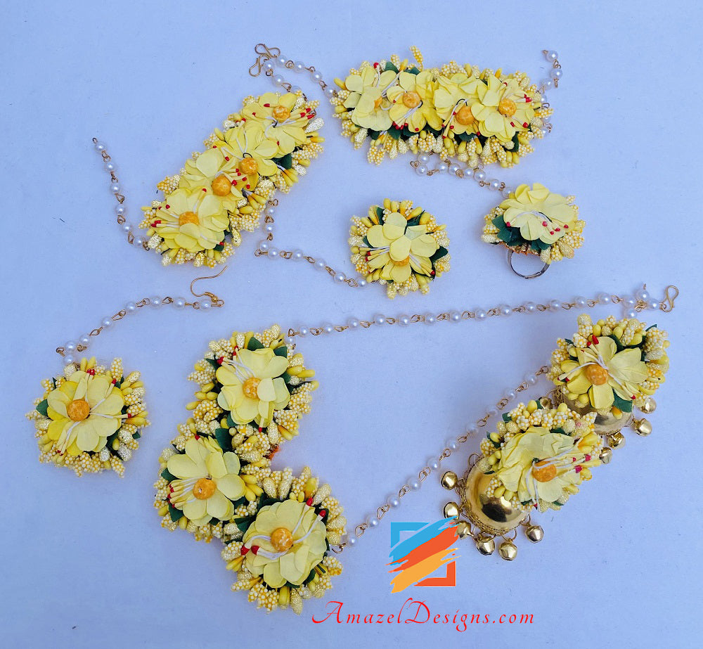Necklace Jhumka Earrings Hand Pieces Tikka Yellow Flower Set