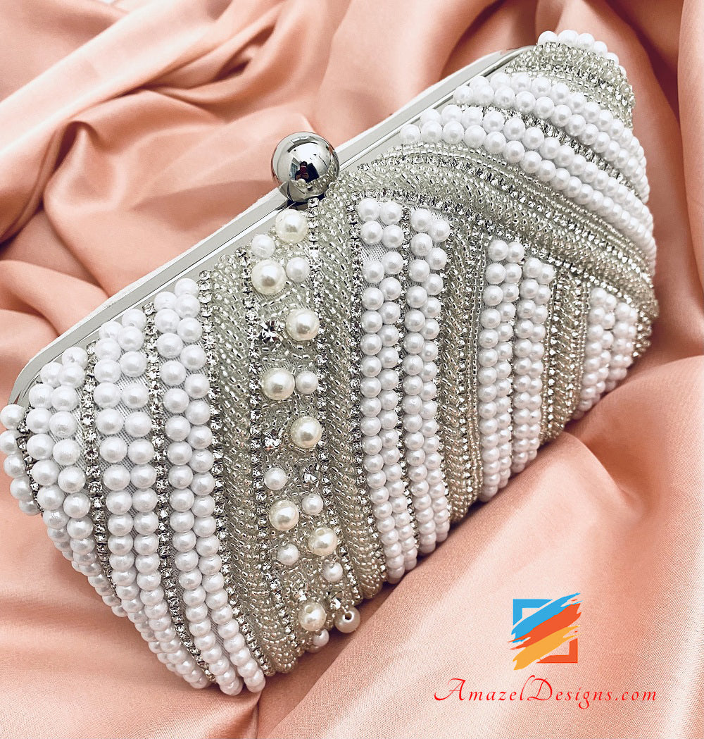 One Side Silver White Pearls Crystal Fine Beads Clutch