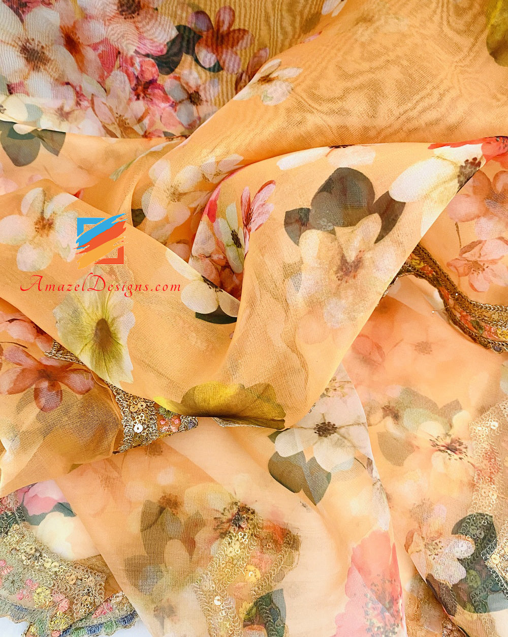 Orangefarbene Organza-bedruckte, vierseitige Cutwork-Spitze
