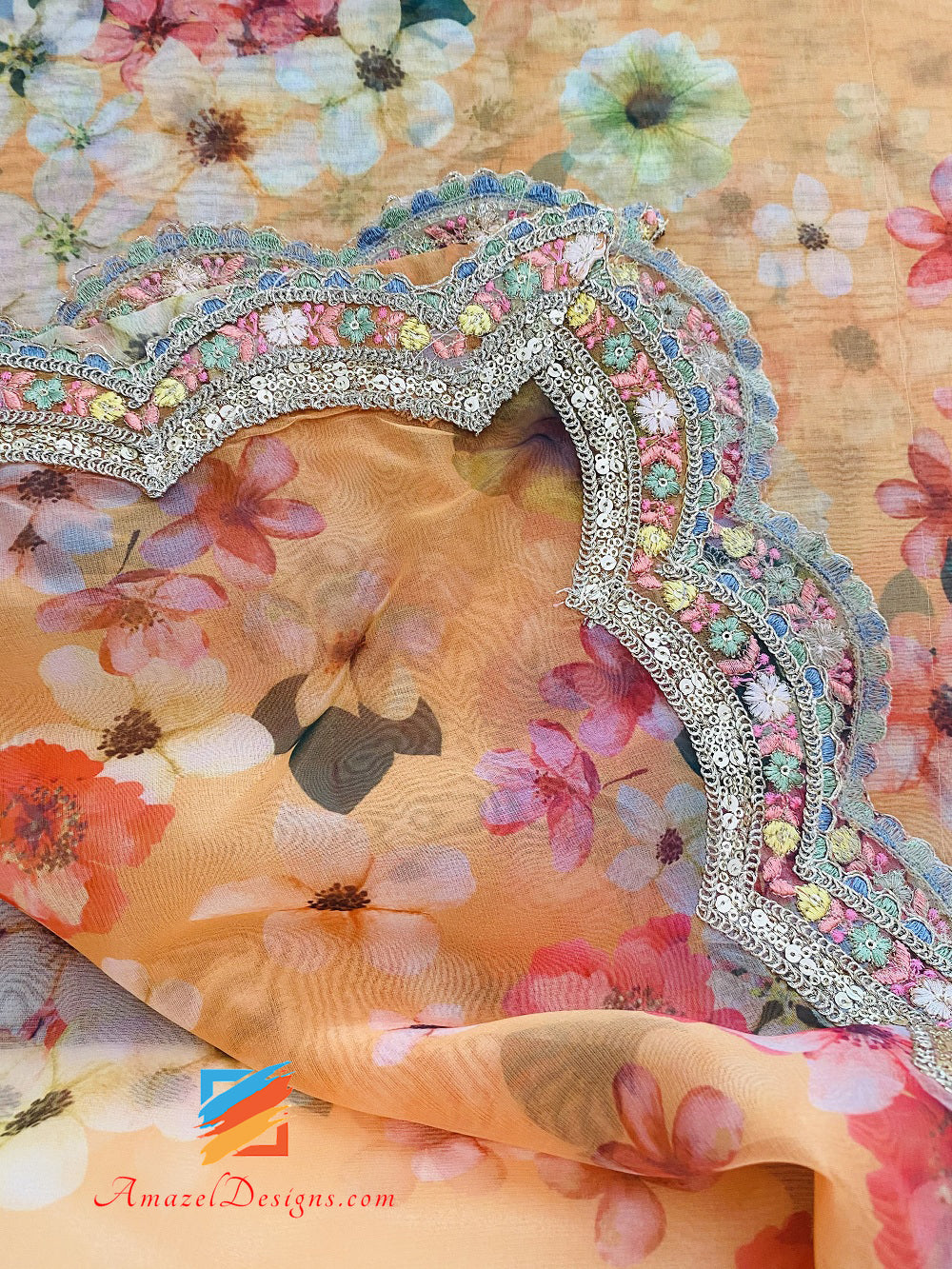Orangefarbene Organza-bedruckte, vierseitige Cutwork-Spitze