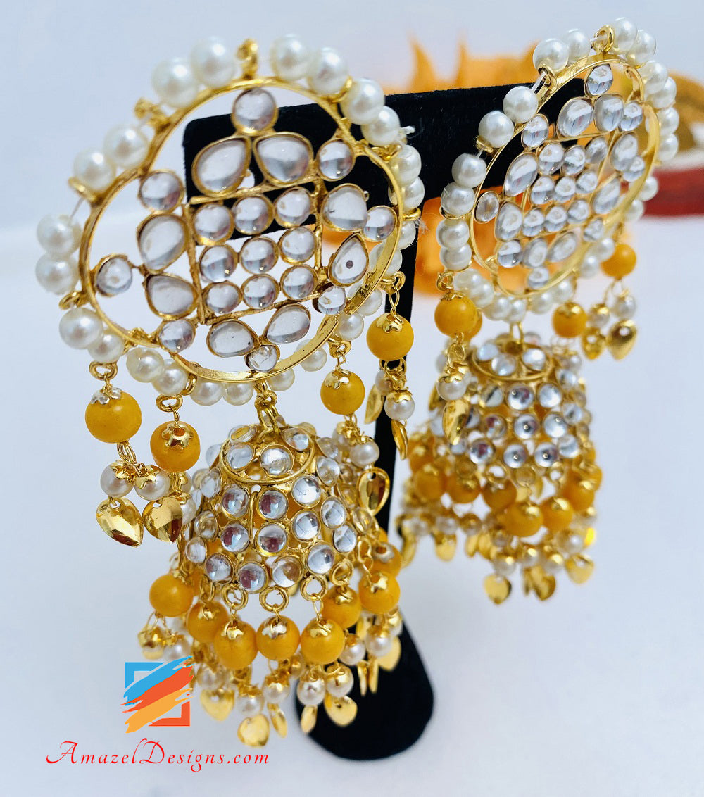 Arancione Kundan Leggero Pipal Patti Jhumka Orecchini Set Tikka Passa