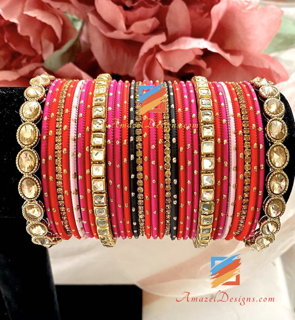 Set di braccialetti Kundan arancione magenta