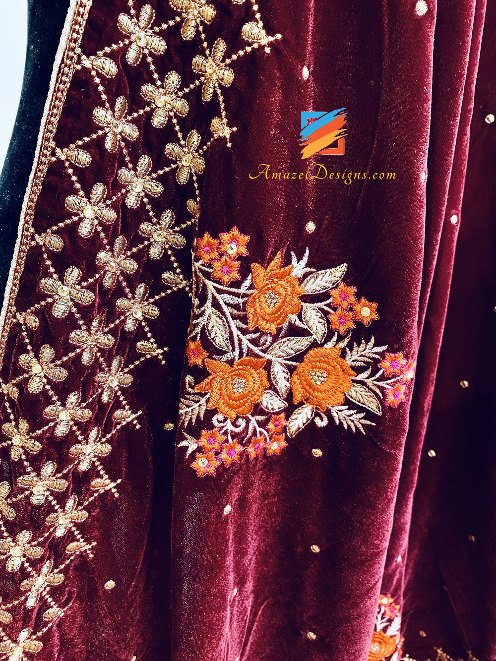 Orange Thread Tilla Kundan Short Width Unisex Maroon Velvet Shawl