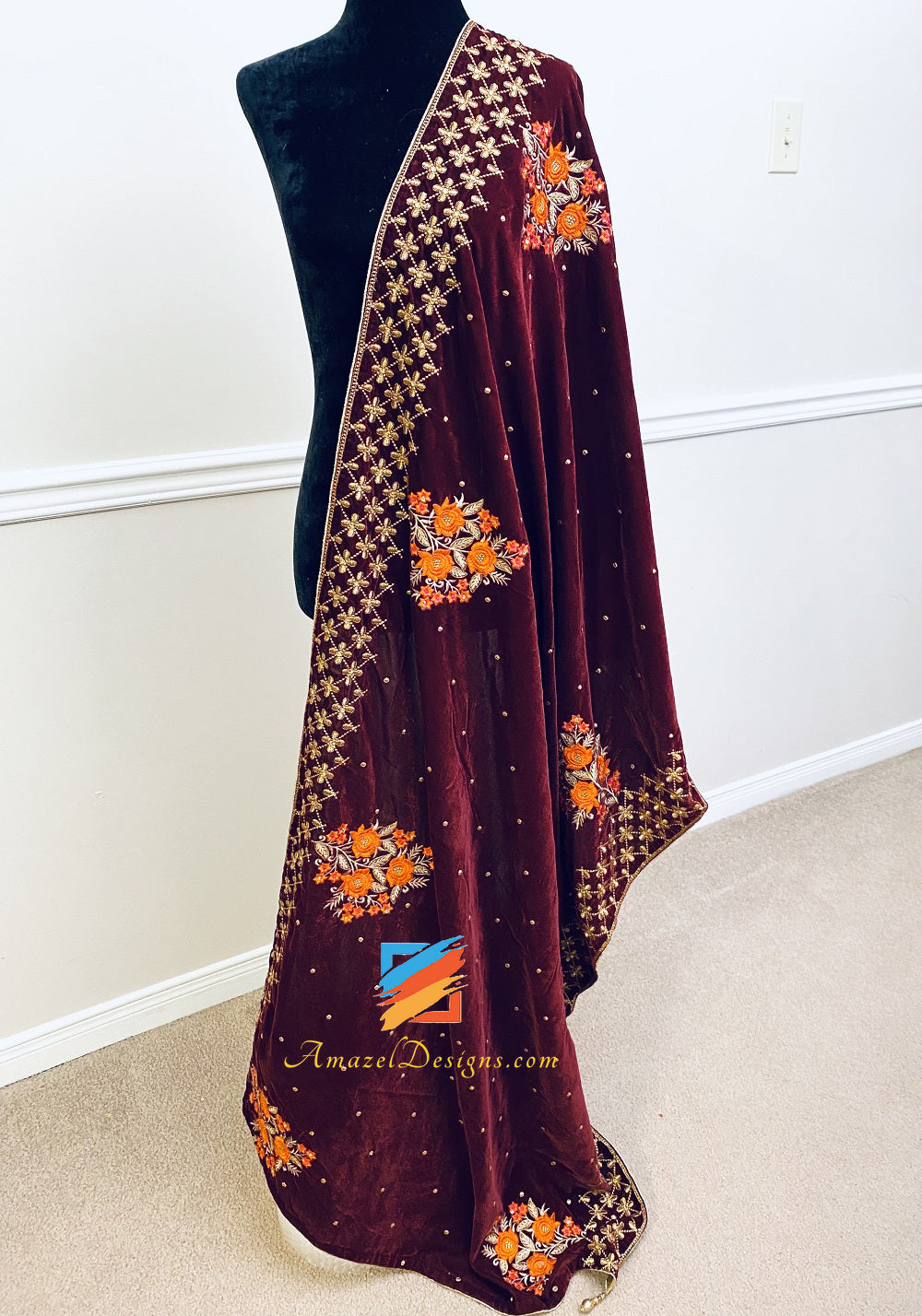 Orange Thread Tilla Kundan Short Width Unisex Maroon Velvet Shawl