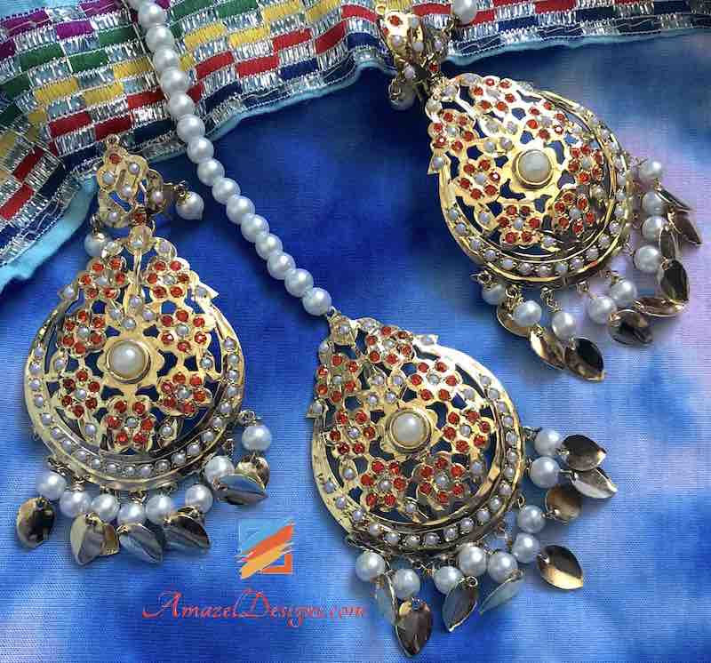 Orange Jadau Pippal Patti Ohrring Tikka Set