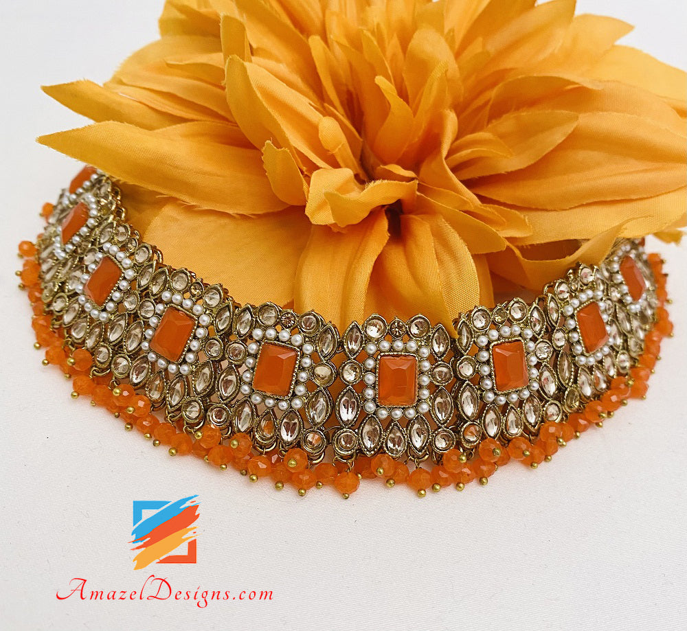 Orange🍊Polki Choker Necklace Earrings Tikka Set