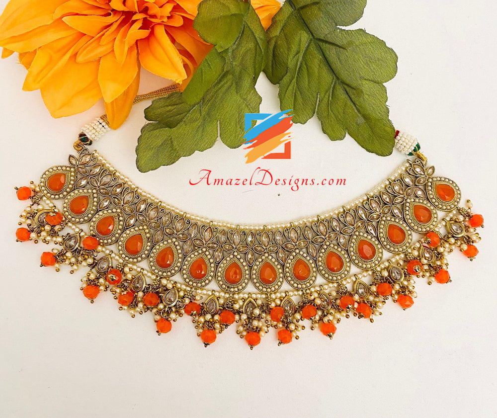 Orange 🍊 Polki Necklace Jhumki Earrings Tikka Set