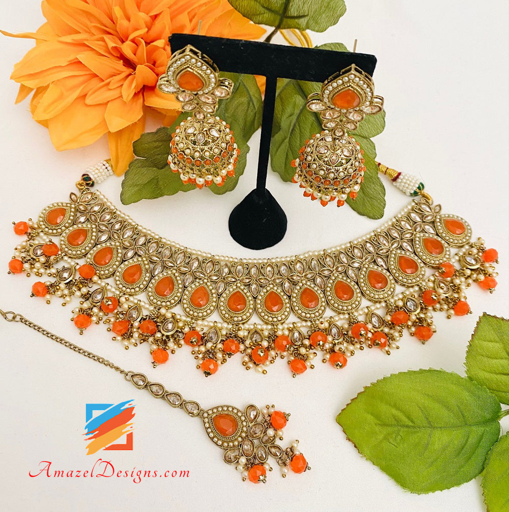 Orange 🍊 Polki Necklace Jhumki Earrings Tikka Set