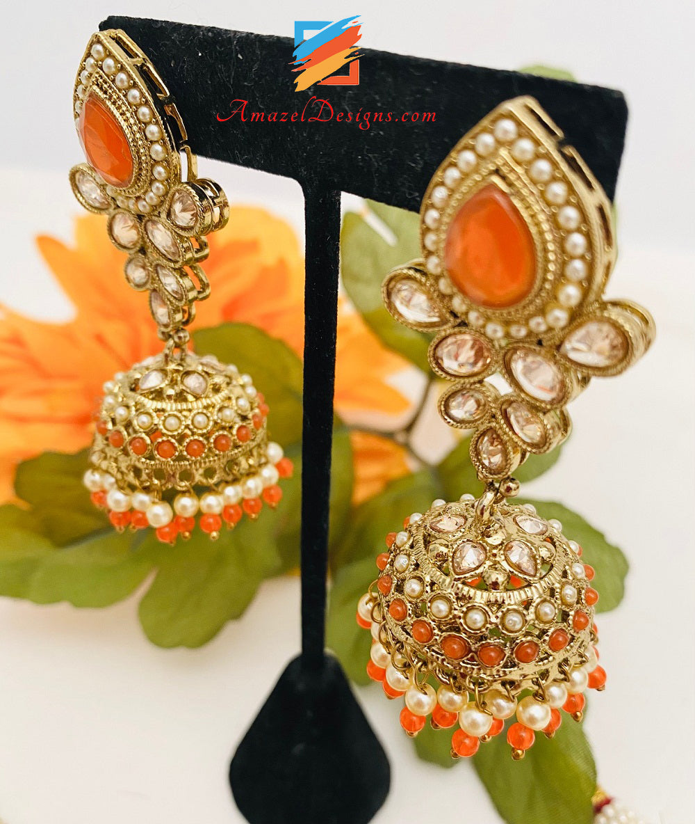 Orange 🍊 Polki Necklace Jhumki Earrings Tikka Set