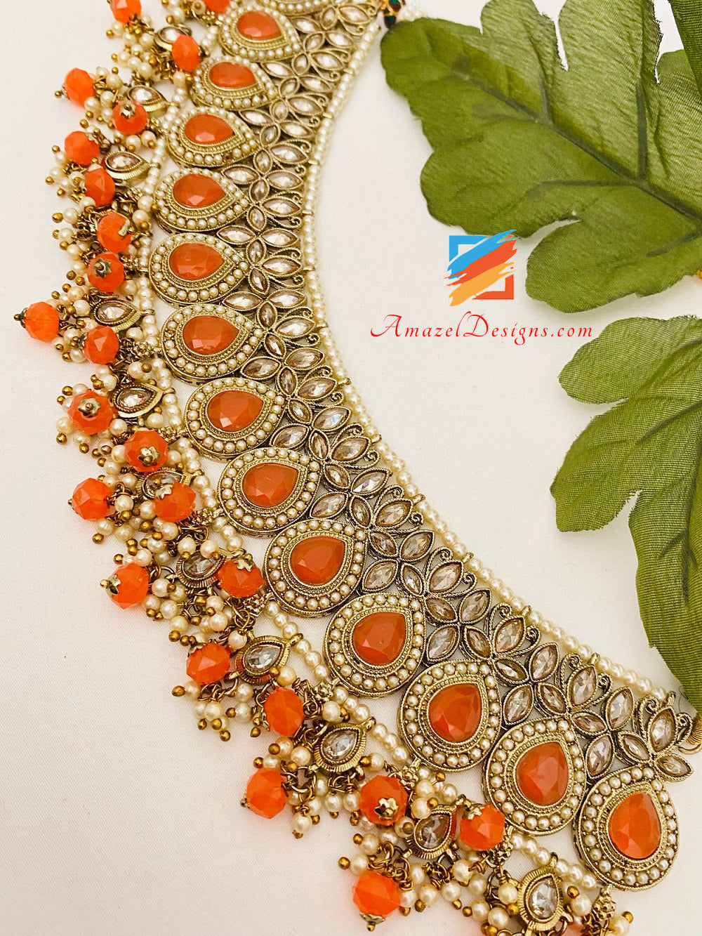 Orange 🍊 Polki Necklace Jhumki Earrings Tikka Set