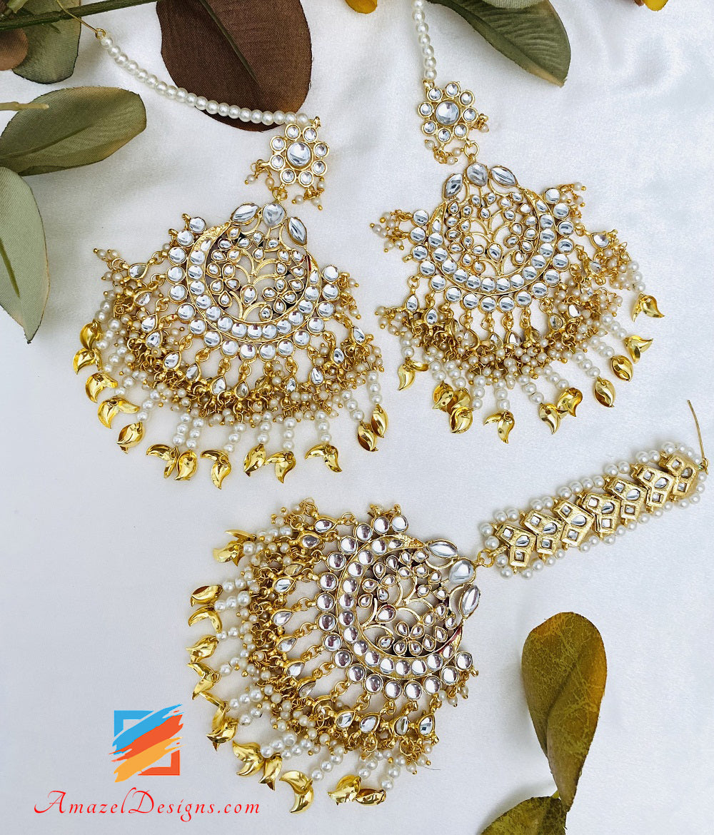 Oversized Golden Kundan Pippal Patti Earrings Tikka Set – Amazel