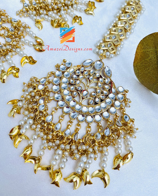 Oversized Golden Kundan Pippal Patti Earrings Tikka Set