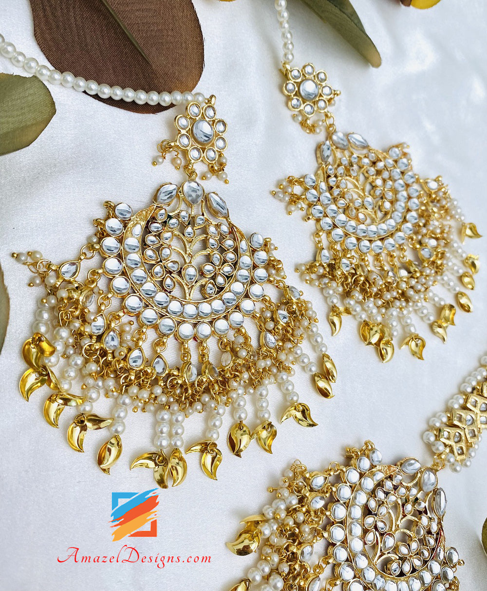 Oversized Golden Kundan Pippal Patti Earrings Tikka Set